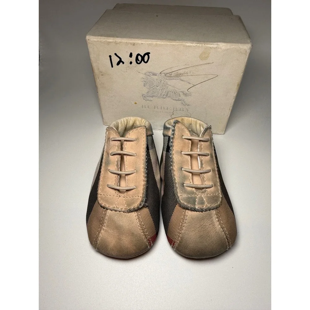 Burberry Crib Shoes Kids Size 17 EU us 2 Beige Fair Classic Check Leather Canvas